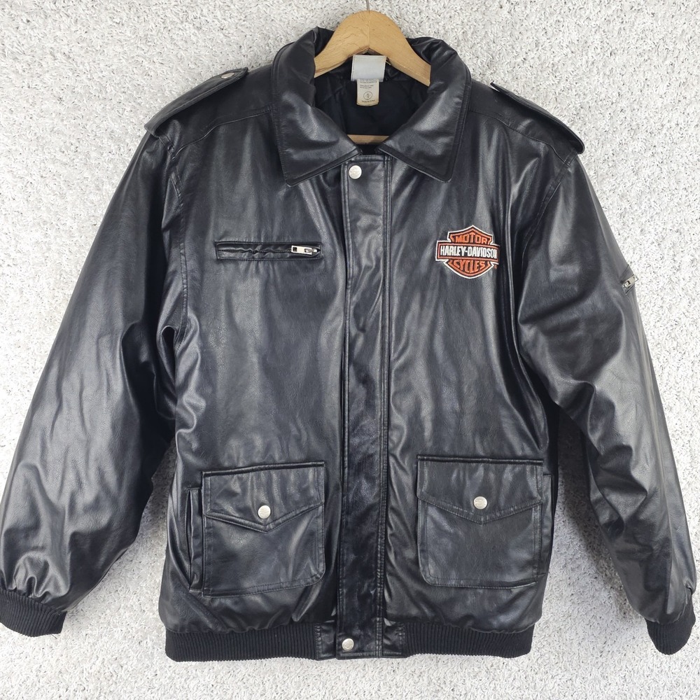 Harley Davidson Black Faux Leather PVC Moto Jacket Womens XL Embroidered Quilted